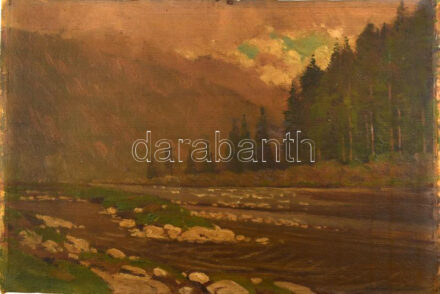 Katona Nándor (1864-1932): Tátrai táj. Olaj, falemez, jelezve jobbra lent. 30,5x45 cm / Nándor Katona (1864-1932): Tatry. Oil on wood, signed lower right.