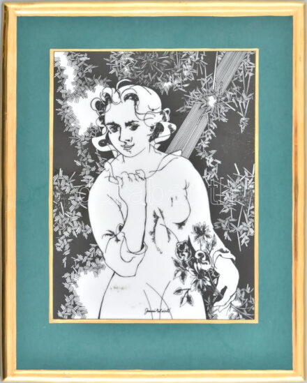 Jurcsák László (Debrecen, 1955 - ) Falikép. Hölgy virágokkal. Hollóházi Porcelángyár, jelzett, minimális kopásokkal, 27x21 cm