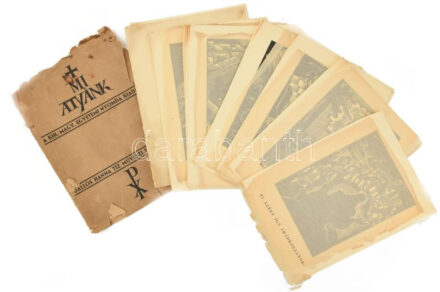 Dallos Hanna (1907-1945): Mi atyánk. 10 db fametszet. Bp., é.n., Kir. Magyar Egyetemi Nyomda. Jelezve a dúcon, eredeti, sérült és hiányos kiadó borítékban. Gerince sérült, borítója foltos. Egyes lapok részben kissé sérültek. 28x40