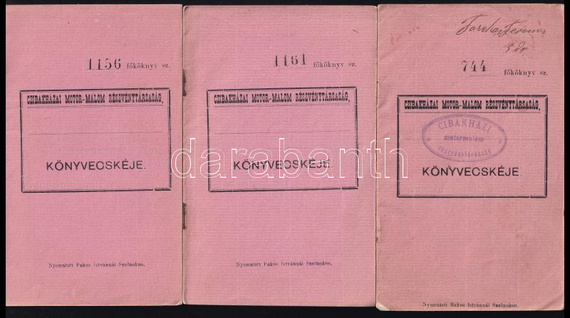 1911 Cibakházai Motor-Malom Rt. 3 db könyvecskéje, egy két bejegyzéssel, pecséttel.