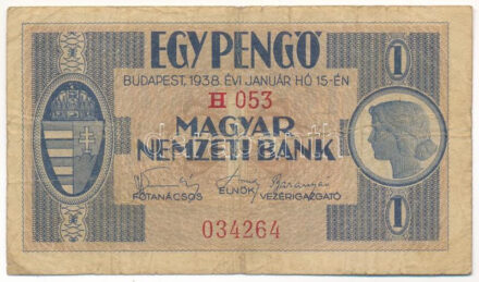 1938. 1P 'H 053 034264' T:III,III- kis szakadás Hungary 1938. 1 Pengő 'H 053 034264' C:F,VG small tear Adamo P1