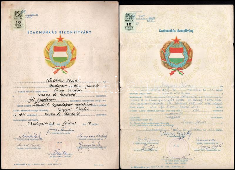 cca 1960-80 14 db szocreál oklevél, bizonyítvány (szakmunkás bizonyítvány, építőipari gépkezelő bizonyítvány stb.) és emléklap - Image 2