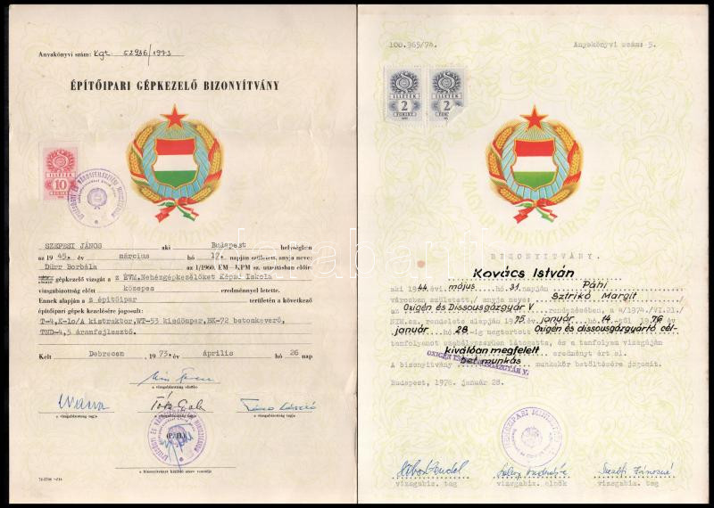 cca 1960-80 14 db szocreál oklevél, bizonyítvány (szakmunkás bizonyítvány, építőipari gépkezelő bizonyítvány stb.) és emléklap - Image 3