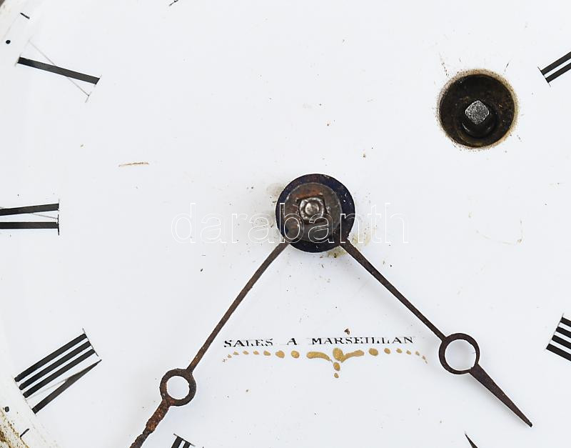 Sales a Marseillan Spindlis francia zsebóra. Kulcsos, XIX. sz.eleje. Jelzett, sérült zománc számlappal, működőképes, tok kissé lyukas d: 50 mm - Image 2
