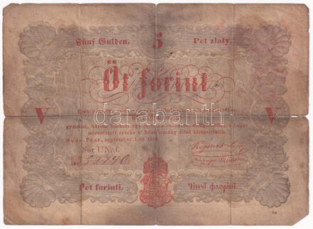 1848. 5Ft 'Kossuth bankó' vörösesbarna nyomat 'UN.f. 352140' T:III- nagyobb beszakadások , foltok Adamo G109