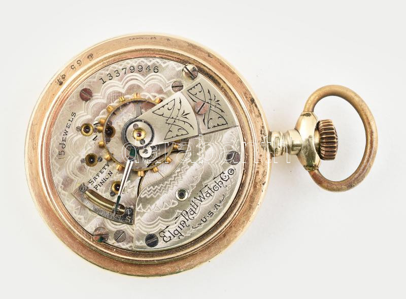 Elgin nagy méretű zsebóra, aranyozott fém tokkal, enyhén kopott számlappal, működő, jó állapotban d: 54 mm Csavaros hátlappal - Image 4