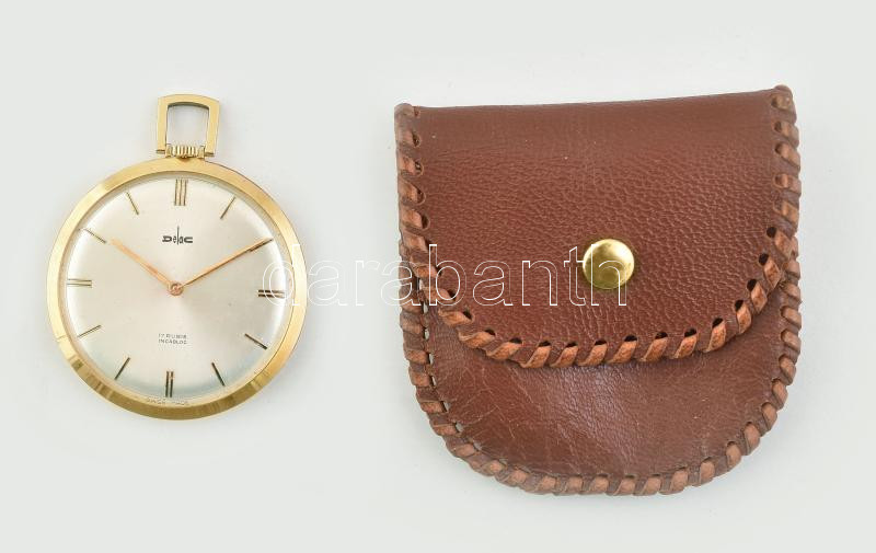Delac kézi felhúzós zsebóra hibátlan számlappal, bőr tokkal 43 mm