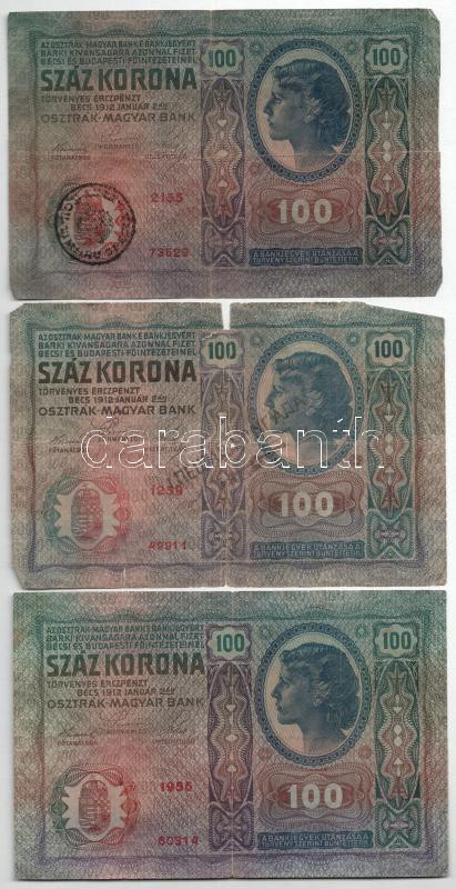 1912. 100K (3x), közte román felülbélyegzéssel + 1914. 50K II. kiadás (2x) T:III,III-