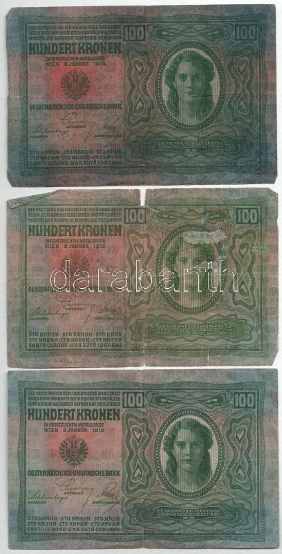 1912. 100K (3x), közte román felülbélyegzéssel + 1914. 50K II. kiadás (2x) T:III,III- - Image 2