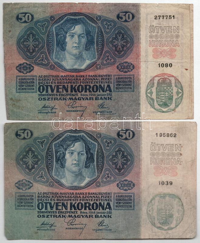 1912. 100K (3x), közte román felülbélyegzéssel + 1914. 50K II. kiadás (2x) T:III,III- - Image 3