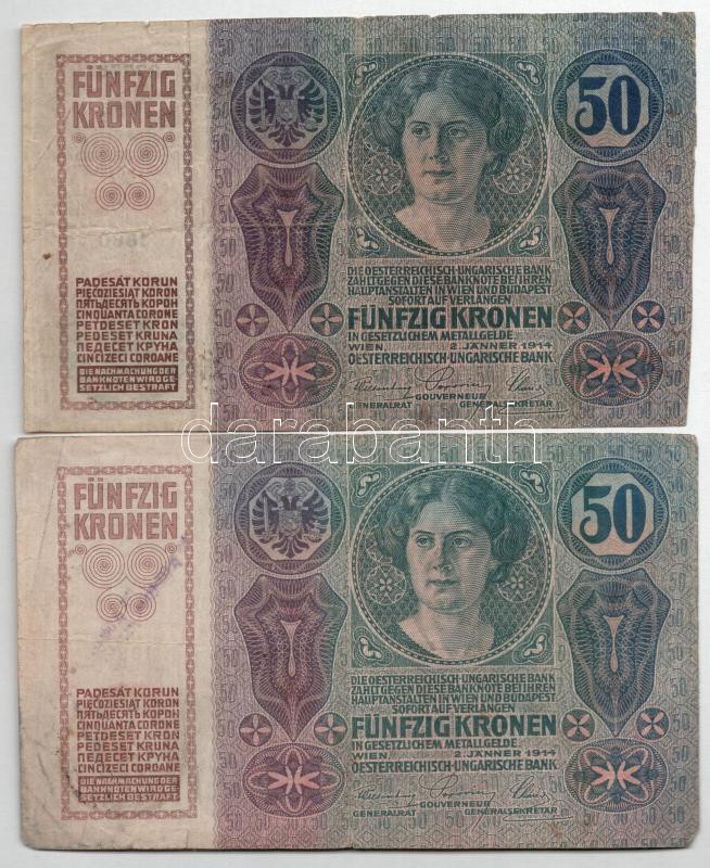 1912. 100K (3x), közte román felülbélyegzéssel + 1914. 50K II. kiadás (2x) T:III,III- - Image 4
