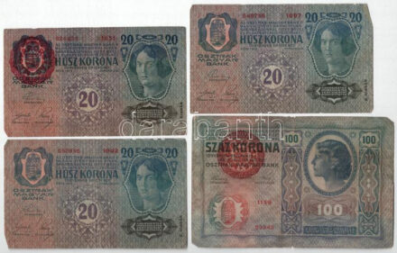 1912. 100K piros 'MAGYARORSZÁG' felülbélyegzéssel + 1913. 20K (3x), közte piros 'MAGYARORSZÁG' és 'Deutschösterreich' felülbélyegzéssel T:III,III- Adamo K28