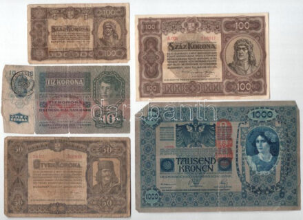 1902. 1000K piros 'Deutschösterreich' felülbélyegzéssel, mindkét oldala német + 1915. 10K román felülbélyegzéssel + 1920. 50K + 1920. 100K + 1923. 100K T:III-IV nagyobb szakadások