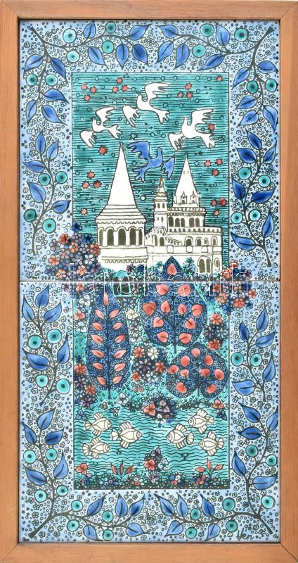 Vén Edit (1937-): Halászbástya, Budapest. Zománcfesték, csempe, jelzett, hátoldalán Iparművészeti Vállalat címkéivel. Fakeretben, 20x15 cm