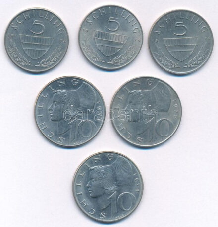 Ausztria 1973-1974. 5Sch Cu-Ni (2x/3xklf) + 1974-1975. 10sch Cu-Ni (2x/3xklf) T:1- Austria 1973-1974. 5 Schilling Cu-Ni (2x/3xdiff) + 1974-1975. 10 Schilling Cu-Ni (2x/3xdiff) C:AU Krause KM# 2889a, KM# 2918