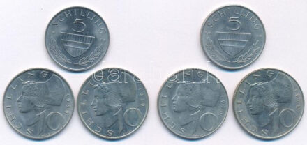 Ausztria 1979. 5Sch Cu-Ni (2x) + 1976-1980. 10Sch Cu-Ni (4x/3xklf) T:1- Austria 1979. 5 Schilling Cu-Ni (2x) + 1976-1980. 10 Schilling Cu-Ni (4x/3xdiff) C:AU Krause KM# 2889a, KM# 2918