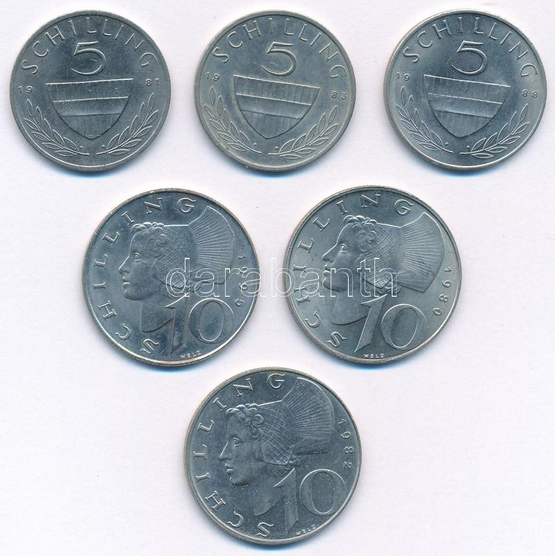Ausztria 1980-1995. 10Sch (3xklf) + 1981-1988. 5Sch (3xklf) T:1- Austria 1980-1995. 10 Schilling (3xdiff) + 1981-1988. 5 Schilling (3xklf) C:AU Krause KM# 2889a, KM# 2918