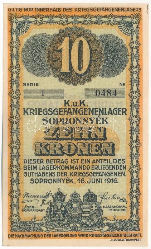 Sopronnyék / hadifogolytábor 1916. június 16. 10K arab sorozat- és sorszámmal T:I- Adamo HHP-1.6