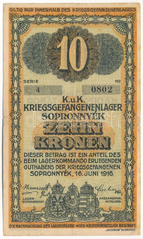 Sopronnyék / hadifogolytábor 1916. június 16. 10K arab sorozat- és sorszámmal T:III beszakadás Adamo HHP-1.6 - Image 2