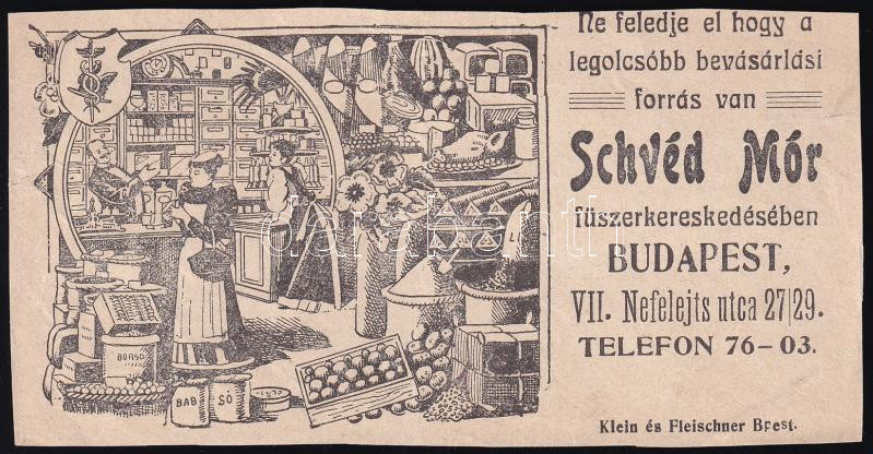 Schvéd Mór fűszerkereskedés, Bp., VII Nefelejts u. 27/29, szecessziós számolócédula, teteje vágott, lapszéli apró szakadással