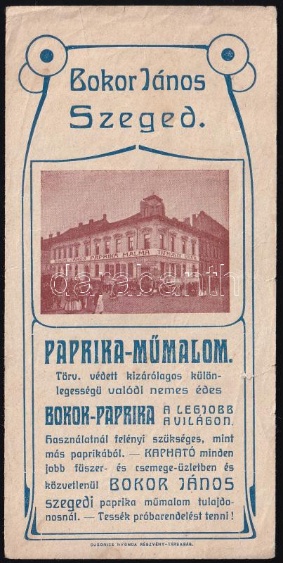 Bokor János Szeged, paprika-műmalom, szecessziós számolócédula, lapszéli apró szakadással