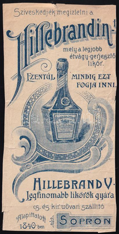 Hillebrandin likőr, Sopron, számolócédula, lapszéli kisebb szakadásokkal, vágott