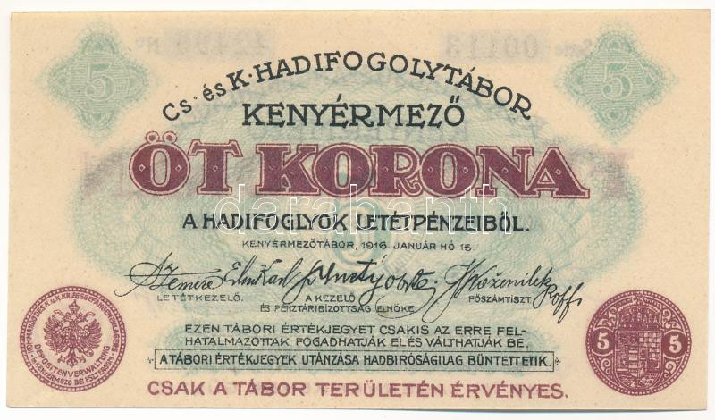 Kenyérmező / Hadifogolytábor 1916. január 15. 5K arab sorozat- és sorszámmal T:I-,II fo. Adamo HHK-1.8