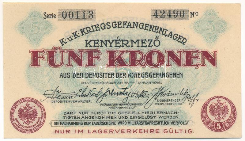 Kenyérmező / Hadifogolytábor 1916. január 15. 5K arab sorozat- és sorszámmal T:I-,II fo. Adamo HHK-1.8 - Image 2