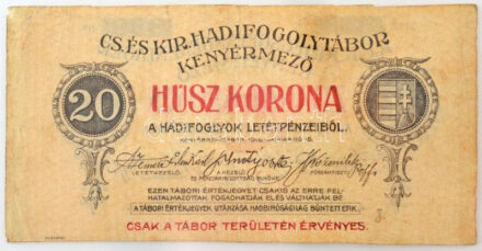 Kenyérmező / Hadifogolytábor 1916. január 15. 20K sorozat és sorszám nélkül T:III vágáshiba Adamo HHK-1.10