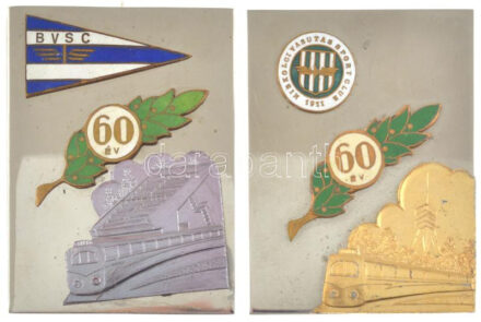 ~1970. 'BVSC - 60 év' fém plakett, zománcozott rátétekkel, illetve egy vonatot ábrázoló ezüstözött fém rátéttel (újraragasztva) (80x60mm) + 'Miskolci Vasutas Sportclub - 60 év' fém plakett zománcozott rátétekkel, illetve egy