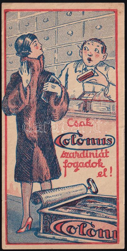 Colonus szardínia, art deco számolócédula, egy javított és egy apró lapszéli szakadással