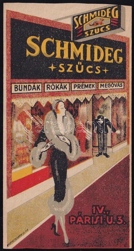 Schmideg Szűcs, Bp., Párisi u. 3., art deco divat számolócédula