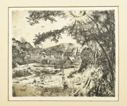 Varga Nándor Lajos (1895-1978): Ragyogás (cím nélkül). Rézkarc, papír, jelzett, paszpartuban, apró foltokkal, 20,5×24,5 cm