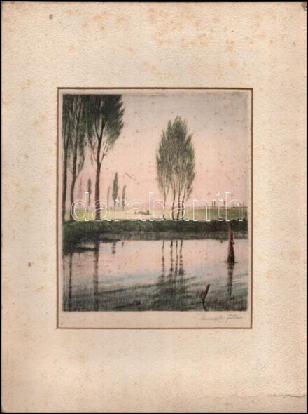 Kaveczky Zoltán (1897-1965): Vízparton (cím nélkül). Színezett rézkarc, papír, jelzett, paszpartuban, kissé foltos, 21×18 cm