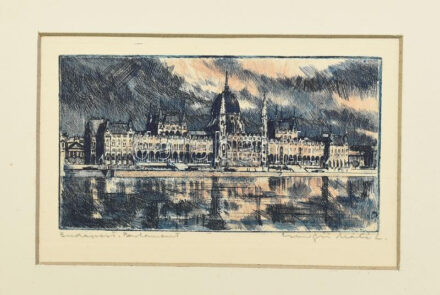 Csurgói Máté Lajos (1931-2001): Budapest, Parlament. Színes rézkarc, papír, jelzett, paszpartuban, 9×15 cm