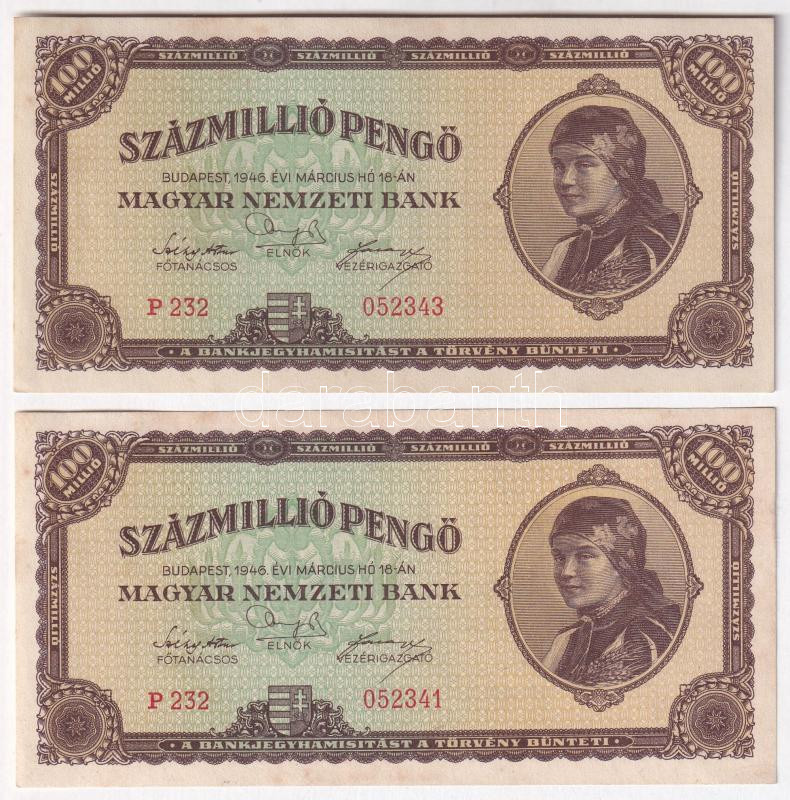 1946. 100.000.000P (2x) egyugrású sorszámkövető 'P 22 052341, P 232 052343' T:II- szép papír Adamo P27