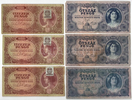1945. 500P (3x) + 10.000P 'MNB' bélyeggel (3x) T:III,III- folt