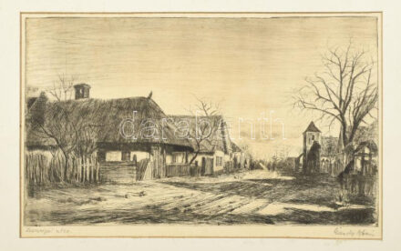 Élesdy István (1912-1987): Zsennyei utca. Rézkarc, papír, jelzett, paszpartuban, kissé foltos, 25,5×43,5 cm