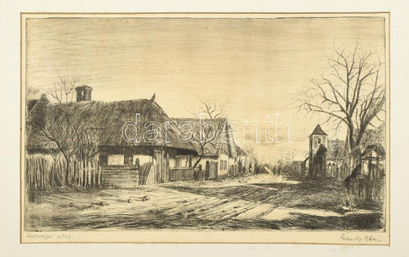 Élesdy István (1912-1987): Zsennyei utca. Rézkarc, papír, jelzett, paszpartuban, kissé foltos, 25,5×43,5 cm