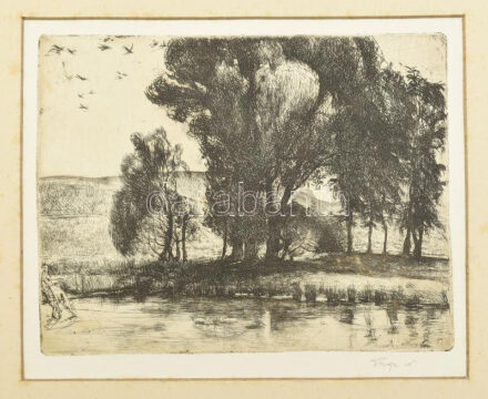 Varga Nándor Lajos (1895-1978): Vízparti táj (cím nélkül). Rézkarc, papír, jelzett, paszpartuban, néhány apró folttal, 19,5×25 cm