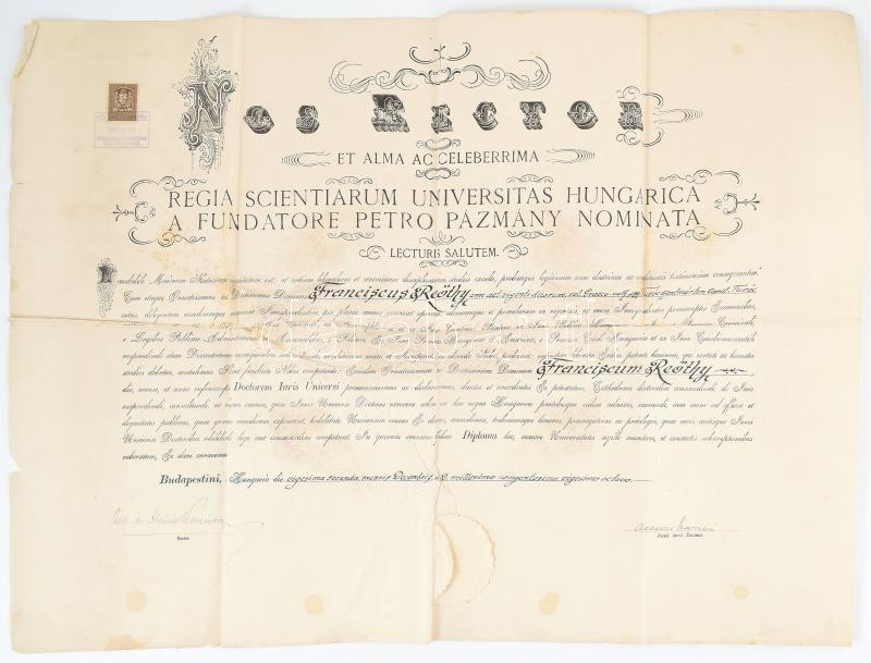 1928 A Pázmány Péter Tudományegyetem jogi doktori diplomája, szárazpecséttel