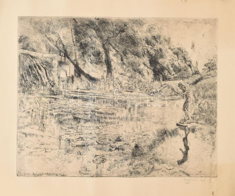 Aszódi Weil Erzsébet (1901-1976): Vízparton. Rézkarc, papír, jelzett, feltekerve, törésnyommal, lap széle foltos és kissé sérült, 29,5×39 cm