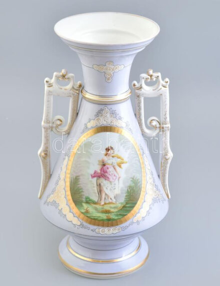 Antik cseh porcelán díszváza, XIX. sz., kézzel festett, jelzés nélküli, kopásnyomokkal, m: 37 cm