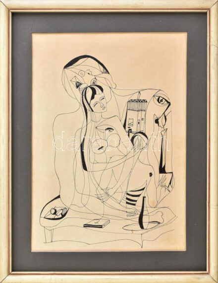 Jelzés nélkül, XX. sz vége: Szürreális jelenet. Tus, papír, néhány kevés apró folttal, fakeretben, 29×20,5 cm