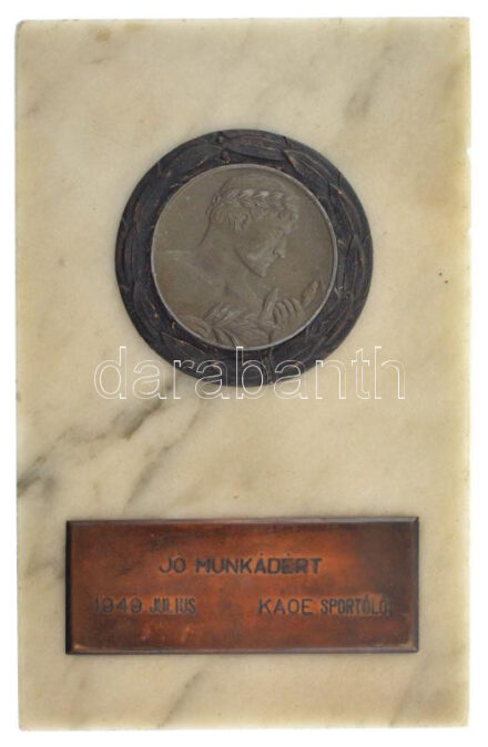 1949. 'Jó munkádért - KAOE Sportólói' sport emlékplakett márványlap alapon (138x88mm) T:1-,2 enyhe kopások