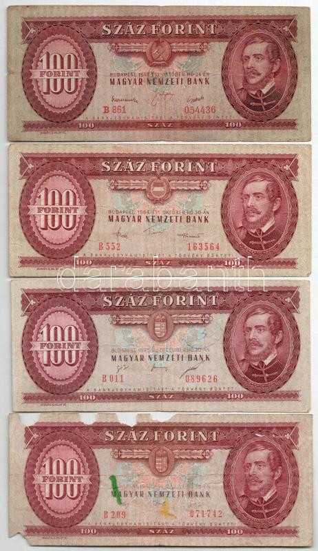 1949. 100Ft + 1984. 100Ft + 1992. 100Ft (nagyobb anyaghiány) + 1995. 100Ft T:III,III-