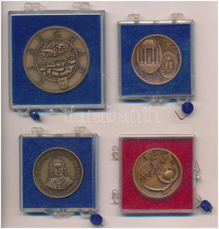 4 darabos Magyar Éremgyűjtők Egyesülete által kiadott bronz emlékérem, közte 'Keszthely','Szeged Tourist / Csongrád' plombált tokokban (32mm,43mm) T:1