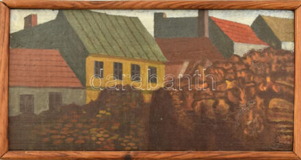 Barcsai Tibor (1937 - 2017): Esztergom városközpont. Olaj, fa, jelzett 14x27 cm Fa keretben