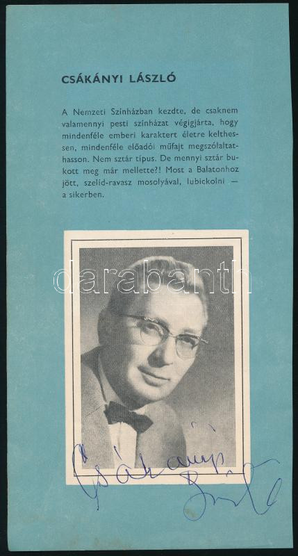 Csákányi László (1921-1992) Jászai Mari-díjas színész autográf aláírása őt ábrázoló nyomtatványon