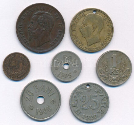 7db-os vegyes, nagyrészt külföldi érméből álló tétel, közte Olaszország 1866OM 10c bronz 'III. Viktor Emánuel' + Románia 1906. 5b Cu-Ni + 20b Cu-Ni + 1930. 20L Ni-sárgaréz 'II. Károly' átfúrva T:2,2- 7pcs mixed, mostly foreign